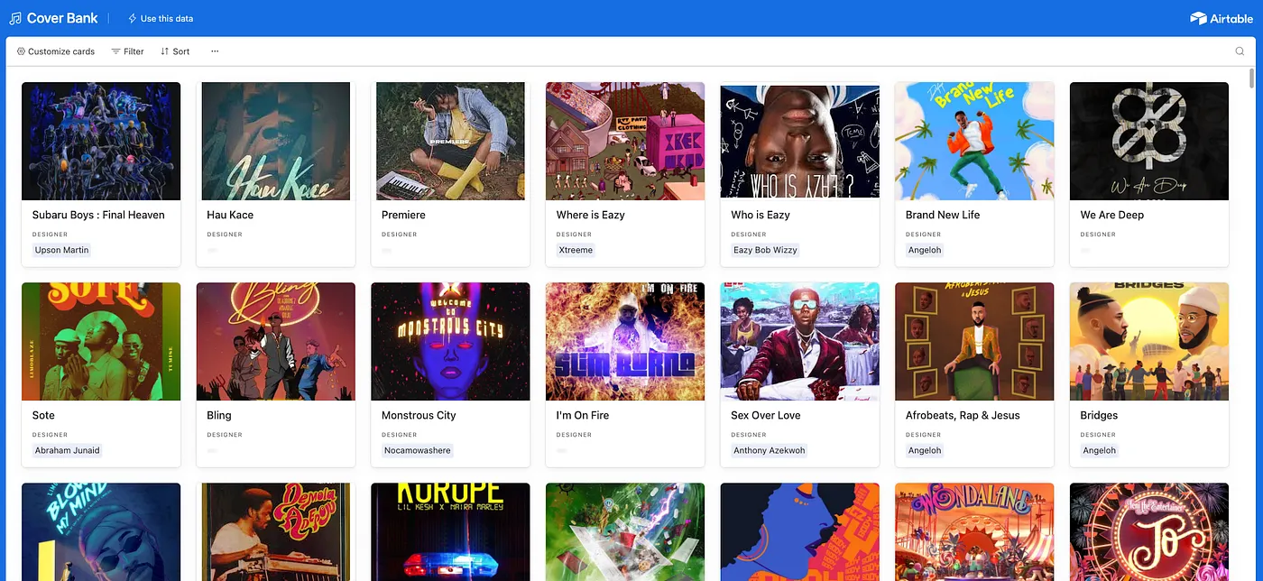 Screenshot of Airtable database with Nigerian album covers and designer names